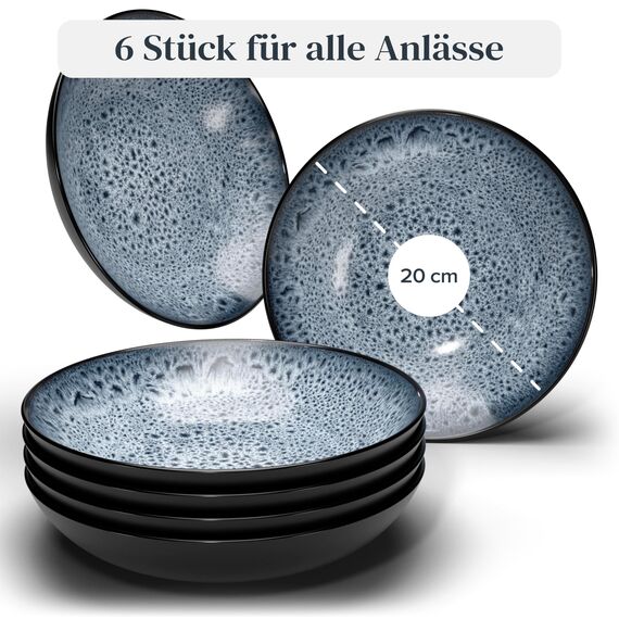 Steingut Suppenteller 6 Personen Ibiza TESTSIEGER, Traumhaftes Mediterranes Steingut Tiefe Teller Set, Pasta Teller Tief Groß - Pure Living in Rauchblau