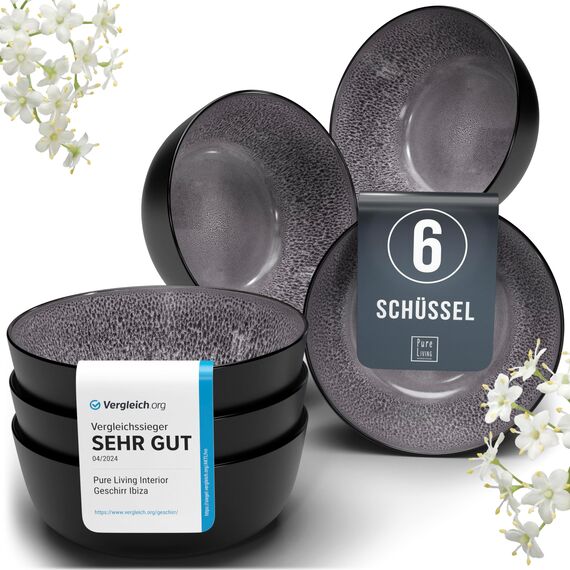 Steingut Müslischalen 6 Personen Ibiza TESTSIEGER, Traumhaftes Mediterranes Steingut Müsli Schüssel Set, Kleine Schüssel, Müslischale - Pure Living in Grau