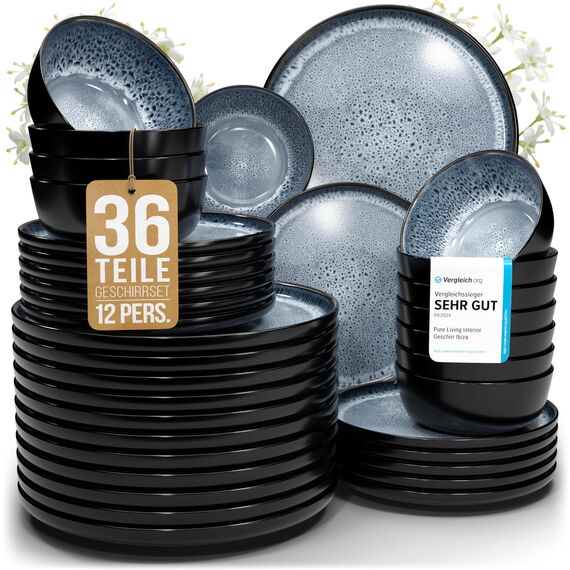 Steingut Geschirrset 12 Personen Ibiza 36 tlg. TESTSIEGER, Traumhaftes Mediterranes Steingut Geschirr Set, Schüssel- und Teller Set, Tafelservice 12 Personen, Geschirrsets Pure Living in Rauchblau