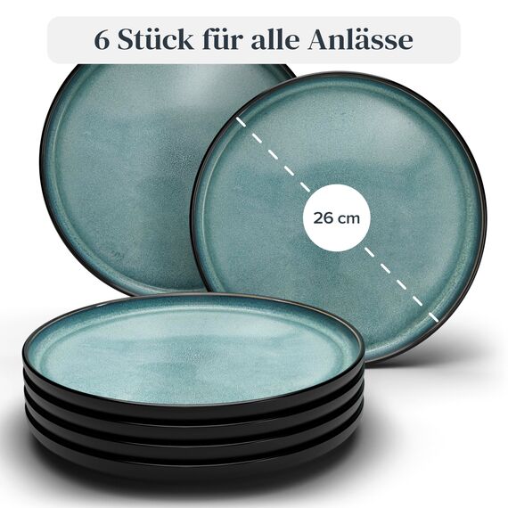 Steingut Teller Groß 6 Personen Ibiza TESTSIEGER, Traumhaftes Mediterranes Steingut Speiseteller Set, Stylisches Essteller Set, Pure Living in Petrol