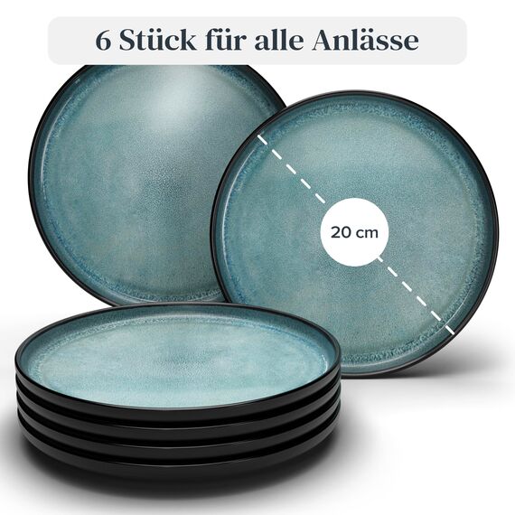 Steingut Frühstücksteller 6 Personen Ibiza TESTSIEGER, Traumhaftes Mediterranes Steingut Dessertteller Set, Kleine Teller, Salatteller - Pure Living in Petrol