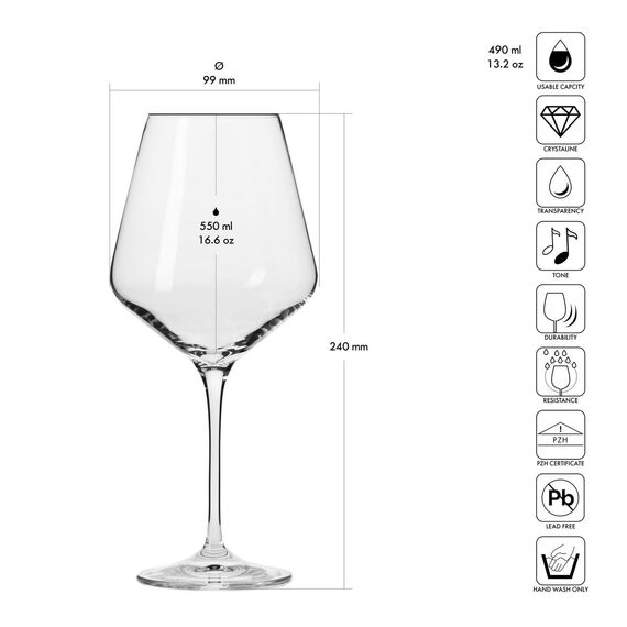 Krosno Rotweingläser | Set von 6 | 490 ML | Avant-Garde Kollektion | Bleifreies Kristallglas | Für Zuhause, Restaurants & Partys | Spülmaschinenfest