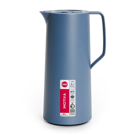 Emsa Motiva Isolierkanne 1l, Kaffeekanne Thermo mit Quick-Press-Verschluss, Thermoskanne hält 12h heiß, 24h kalt, Glaskolben, Made in Germany, nordisches Design, nord blau, N41703