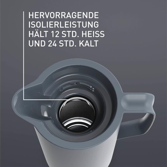 Emsa Motiva Thermoskanne 1l, Isolierkanne mit Quick-Press-Verschluss, 12h heiß, 24h kalt, Glaskolben, Made in Germany, Teekanne Thermo, Nordisches Design, anthrazit, N41701