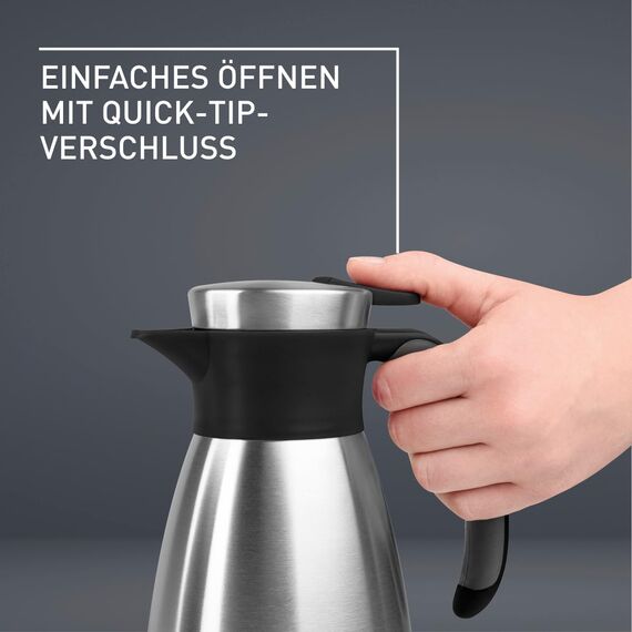 Emsa Soft Grip Isolierkanne, 1,5 Liter, Edelstahl, 12 Stunden heiß + 24 Stunden kalt, Auslaufsicher, Rutschfester Griff, Farbe Schwarz, 514499