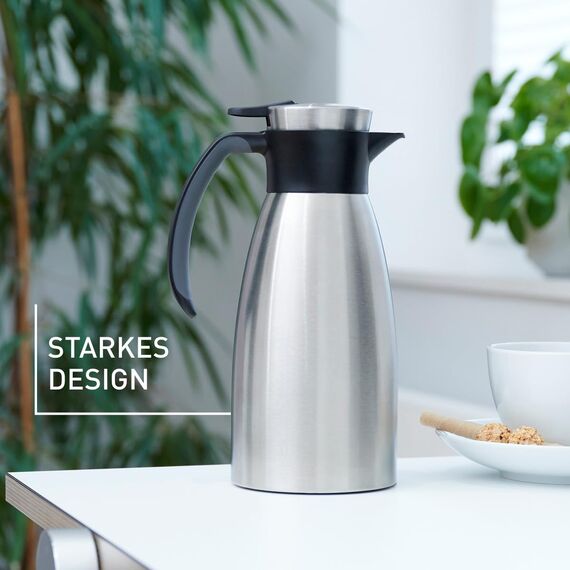 Emsa Soft Grip Isolierkanne, 1,5 Liter, Edelstahl, 12 Stunden heiß + 24 Stunden kalt, Auslaufsicher, Rutschfester Griff, Farbe Schwarz, 514499