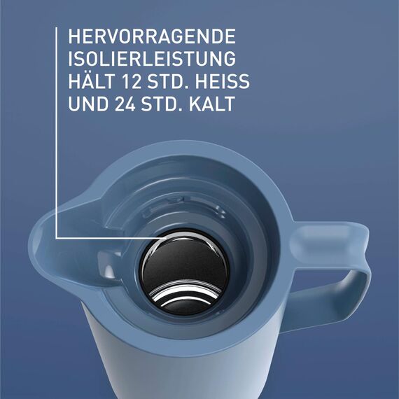 Emsa Motiva Isolierkanne 1l, Kaffeekanne Thermo mit Quick-Press-Verschluss, Thermoskanne hält 12h heiß, 24h kalt, Glaskolben, Made in Germany, nordisches Design, nord blau, N41703