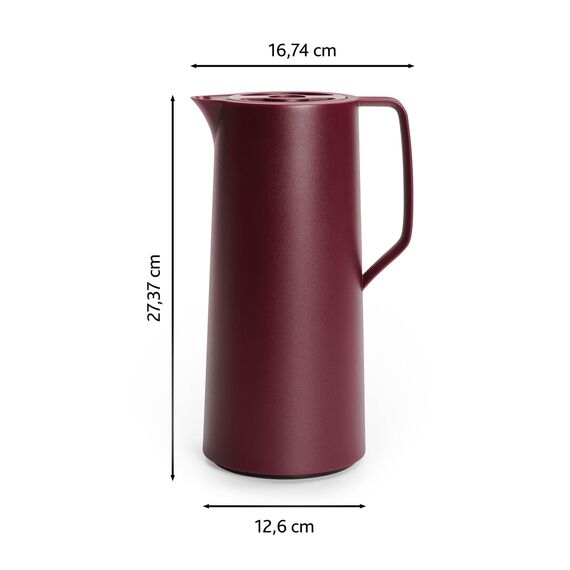 Emsa Motiva Isolierkanne, 1 Liter, Quick-Press-Verschluss, 12h heiß, 24h kalt, Glaskolben, Made in Germany, Nordisches Design, weinrot, N41702
