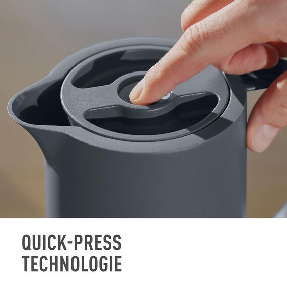 Emsa Motiva Thermoskanne 1l, Isolierkanne mit Quick-Press-Verschluss, 12h heiß, 24h kalt, Glaskolben, Made in Germany, Teekanne Thermo, Nordisches Design, anthrazit, N41701