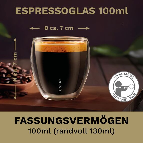 Creano PREMIUM doppelwandige Espressogläser 100ml - 2er Set - Gastronomie Qualität - 100% Spülmaschinenfest -Thermoglas - Doppelwandglas - NEUHEIT 2024