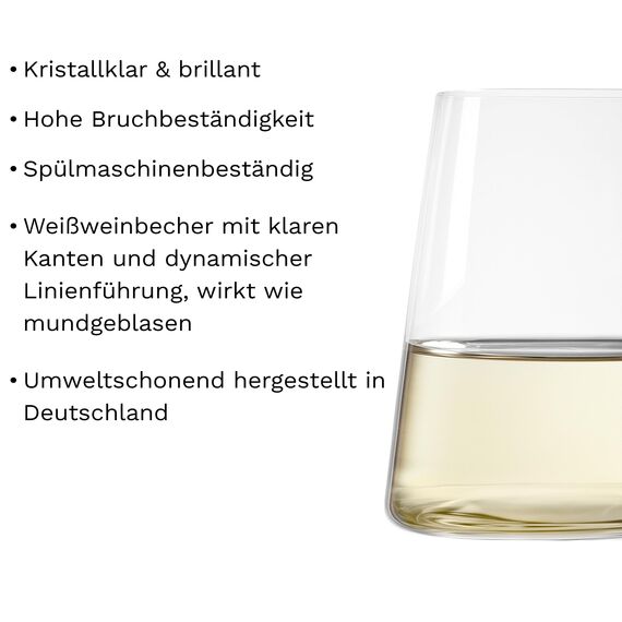 Stölzle Lausitz Weißweinbecher Power 6er-Set 380 ml – Moderne Weingläser ohne Stiel für maximale Aromaentfaltung – Flache Weißweingläser aus Kristallglas – Spülmaschinen- & Stoßfest, Made in Germany