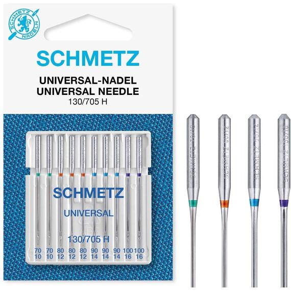 Sewing Machine Needles, Universal (Regular) Assorted, Sizes 70/10, 80/12, 90/14 & 100/16, Packet of 10 with 2 Needle Threaders