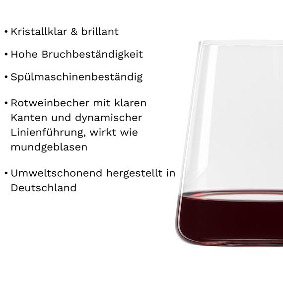 Stölzle Lausitz Rotweinbecher Power 2er-Set 520ml – Moderne Weingläser ohne Stiel für maximale Aromaentfaltung – Flache Rotweingläser aus Kristallglas – Spülmaschinen- & Stoßfest, Made in Germany