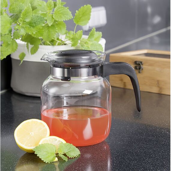 Wenco Glas-Kaffeekanne/Teekanne mit Kunststoff-Deckel, 1,25 l, Glas/Kunststoff, Transparent/Schwarz