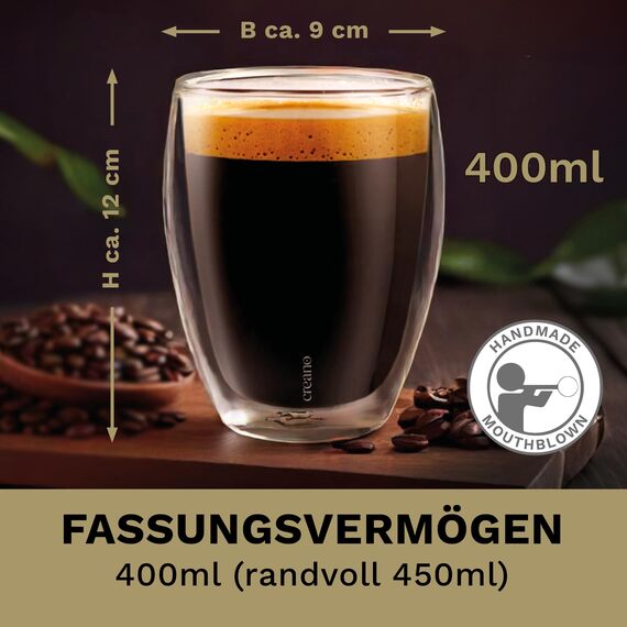 Creano PREMIUM doppelwandige Trinkgläser 400ml - 2er Set - OHNE versiegeltes LOCH deshalb Gastronomie Qualität - 100% Spülmaschinenfest - WELTNEUHEIT