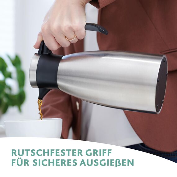 Emsa Soft Grip Isolierkanne, 1 Liter, Edelstahl, 12 Stunden heiß + 24 Stunden kalt, Auslaufsicher, Rutschfester Griff, Farbe Grün 512575