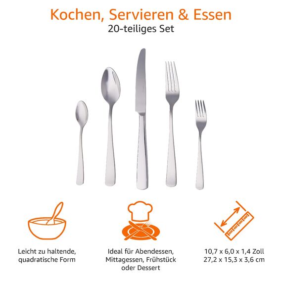 Amazon Basics Essbesteck-Set mit Eckiger Rand, Edelstahl, 20 Stück Set, für 4 Personen, Silberfarben