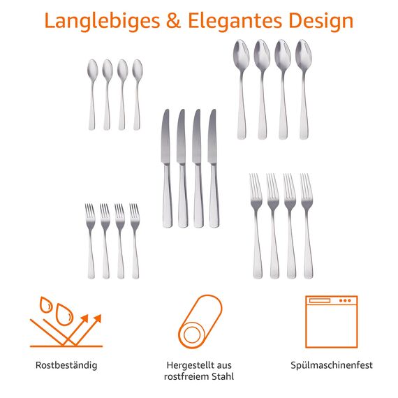 Amazon Basics Essbesteck-Set mit Eckiger Rand, Edelstahl, 20 Stück Set, für 4 Personen, Silberfarben