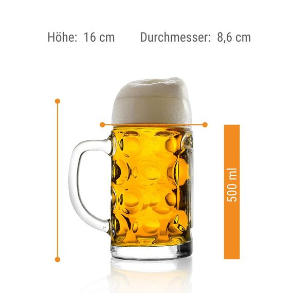 Stölzle Oberglas ISAR Bierkrüge 6er Set 500 ml – Klassischer Bierkrug ideal für Pils, Weizen & andere Biere – Traditionelle Biergläser mit Henkel – Spülmaschinengeeignet & Made in Germany