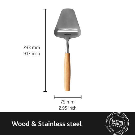 BOSKA Käsehobel Amigo - käseschneider für alle Käsesorten - Spülmaschinenfest - Multifunktional - Edelstahl und Buchenholz - Silber