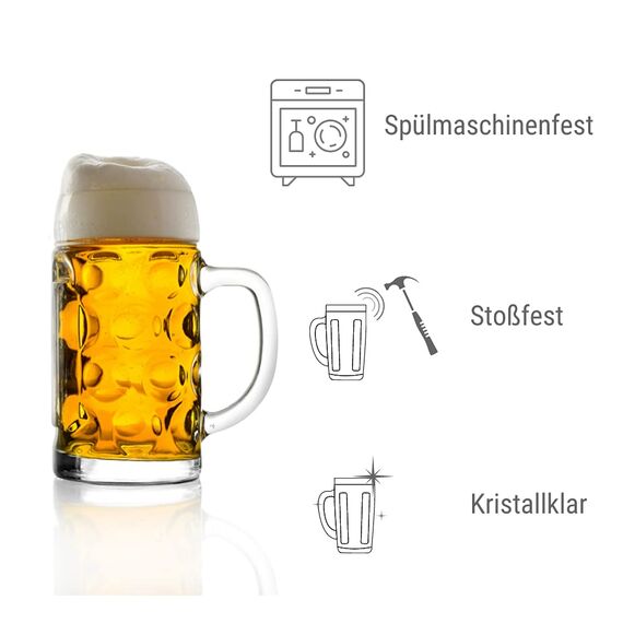 Stölzle Oberglas ISAR Bierkrüge 6er Set 500 ml – Klassischer Bierkrug ideal für Pils, Weizen & andere Biere – Traditionelle Biergläser mit Henkel – Spülmaschinengeeignet & Made in Germany