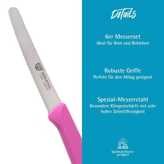 GRÄWE Tafelmesser 6 Stück, Messerset zum Schneiden, 6er Pack Brötchenmesser, Frühstücksmesser mit einseitigem Wellenschliff, Brotmesser, scharfe Messer für Brotzeit, 21 cm - Pink