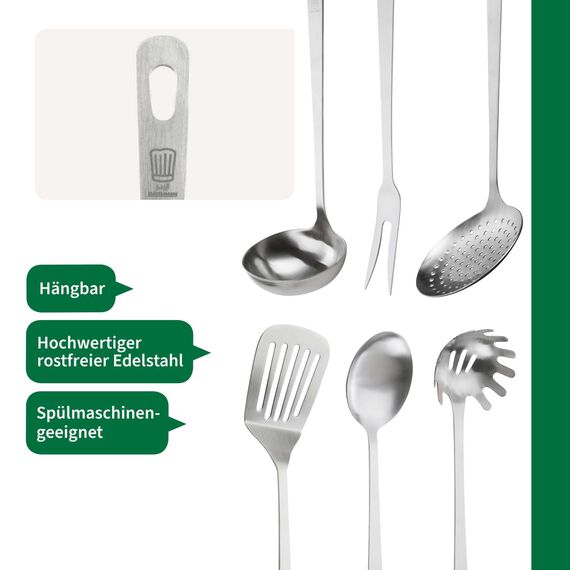 Chefkoch trifft Fackelmann 6er Küchenhelfer-Set Berlin – Set mit den wichtigsten Küchenutensilien – Servierlöffel, Schöpflöffel, Abseihlöffel, Pfannenwender, Spaghettilöffel, Fleischgabel