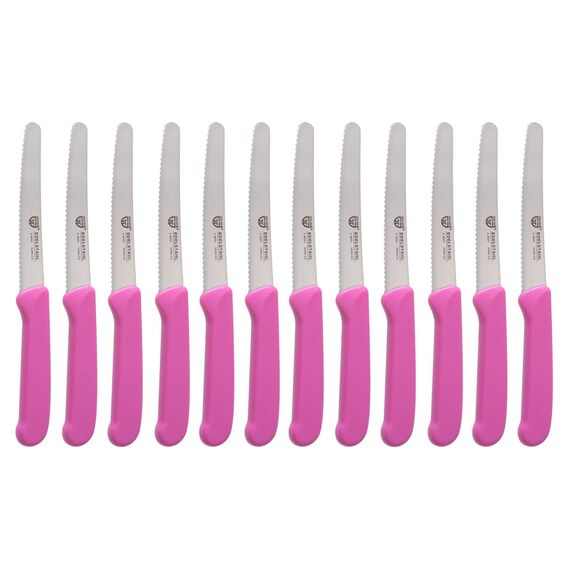 GRÄWE Tafelmesser 12 Stück, Messerset zum Schneiden, 12er Pack Brötchenmesser, Frühstücksmesser mit einseitigem Wellenschliff, Brotmesser, scharfe Messer für Brotzeit, 21 cm - Pink