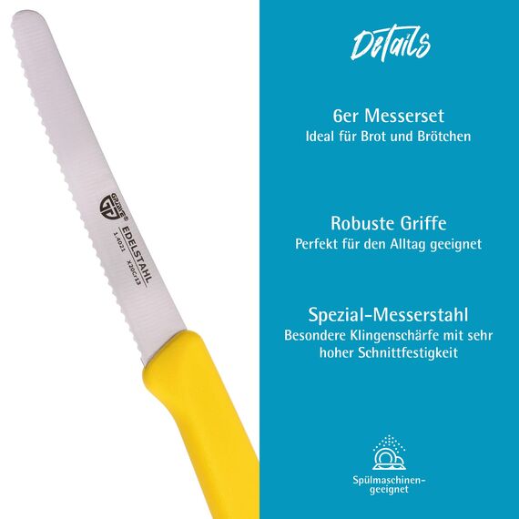 GRÄWE Tafelmesser 6 Stück, Messerset zum Schneiden, 6er Pack Brötchenmesser, Frühstücksmesser mit einseitigem Wellenschliff, Brotmesser, scharfe Messer für Brotzeit, 21 cm - Gelb