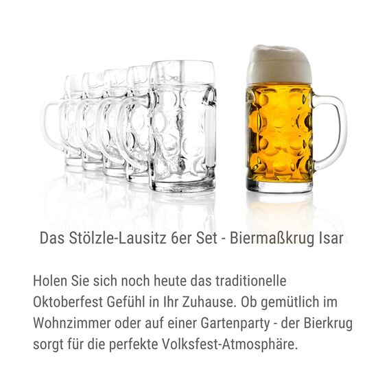 Stölzle Oberglas ISAR Bierkrüge 6er Set 500 ml – Klassischer Bierkrug ideal für Pils, Weizen & andere Biere – Traditionelle Biergläser mit Henkel – Spülmaschinengeeignet & Made in Germany
