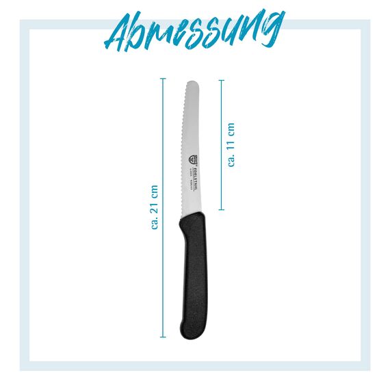 GRÄWE Tafelmesser 6 Stück, Messerset zum Schneiden, 6er Pack Brötchenmesser, Frühstücksmesser mit einseitigem Wellenschliff, Brotzeitmesser, scharfe Messer für Brotzeit, 21 cm - Schwarz