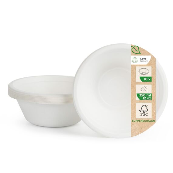 Love Nature Ökologische Einweg Suppenschalen aus Zuckerrohr Schnitzel - (350ml - 10 Stück) Suppenschüssel Einweg mit langanhaltender Wärmespeicherung