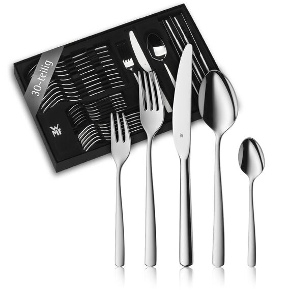 WMF Boston Besteckset 30-teilig für 6 Personen – Cromargan Edelstahl 18/10, poliert und rostfrei, spülmaschinenfest, Monobloc-Messer mit langlebiger Schärfe, elegantes Essbesteck für Alltag und Gäste