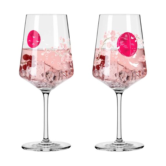 RITZENHOFF 3461007 Aperitif-Glas Sprizz 2er-Set 500 ml - Serie Sommersonett Nr. 13 + 14 mit Asia-Motiv Pink - Made in Germany