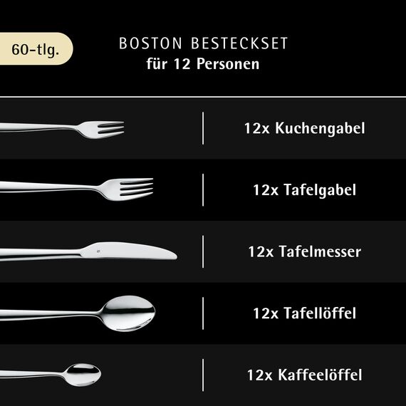 WMF Boston Besteck Set 12 Personen, Essbesteck 60 teilig, Monobloc-Messer, Cromargan Edelstahl poliert, glänzend, spülmaschinenfest