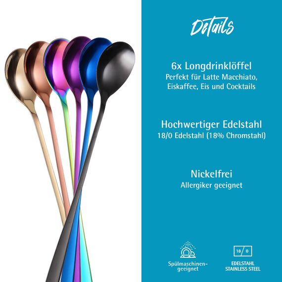 GRÄWE Latte Macchiato Löffel Set, Gold, 6-teilig, 22 cm, Lange Cocktaillöffel, Dessertlöffel, Eislöffel, Löffel für Eiskaffee, Edelstahl, spülmaschinengeeignet