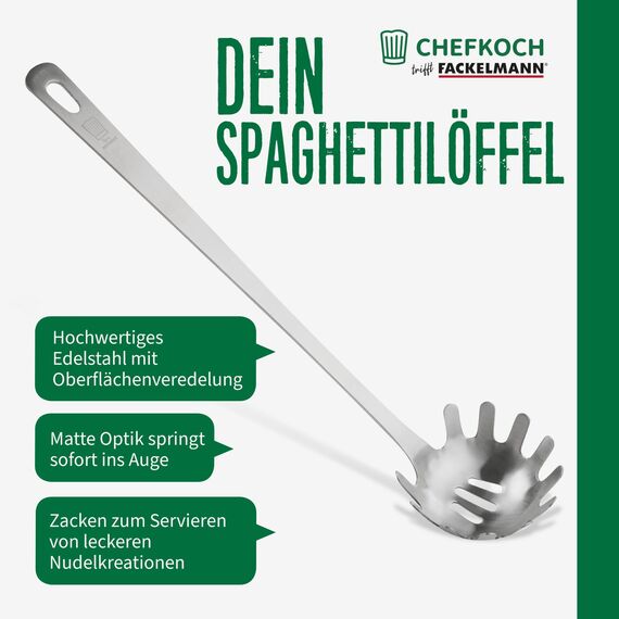 Chefkoch trifft Fackelmann Spaghettilöffel – Perfekt zum Servieren von Nudelkreationen, edles Edelstahl in mattem Look – Pastalöffel spülmaschinengeeignet