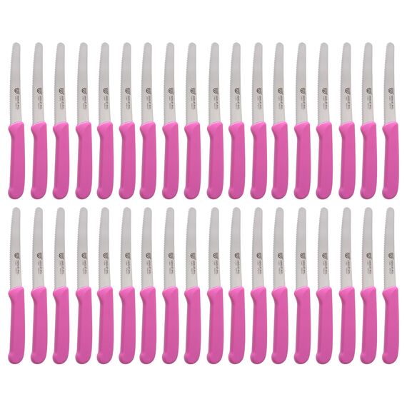 GRÄWE Tafelmesser 36 Stück, Messerset zum Schneiden, 36er Pack Brötchenmesser, Frühstücksmesser mit einseitigem Wellenschliff, Brotmesser, scharfe Messer für Brotzeit, 21 cm - Pink