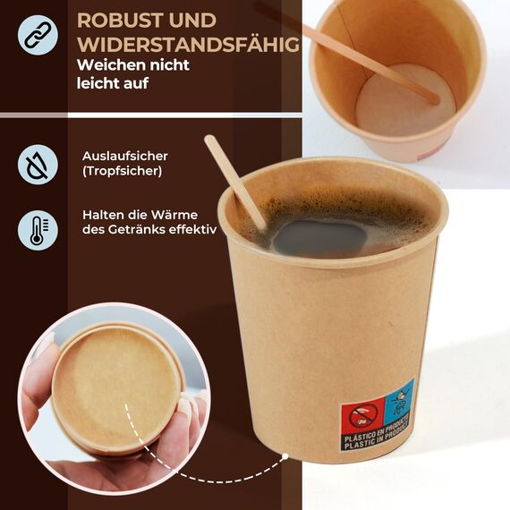 100 Einweg-Kraftpapierbecher 210 ml / 7 oz. Robust, auslaufsicher. Ideal für Kaffee, Tee und Erfrischungsgetränke. Geruchsfrei. Kraftbecher
