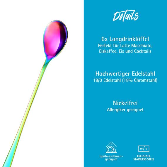 GRÄWE Eis- und Latte-Macchiato-Löffel aus Edelstahl, langer Löffel, ideal für Kaffee, Desserts und Eistee, spülmaschinenfest, mehrfarbig
