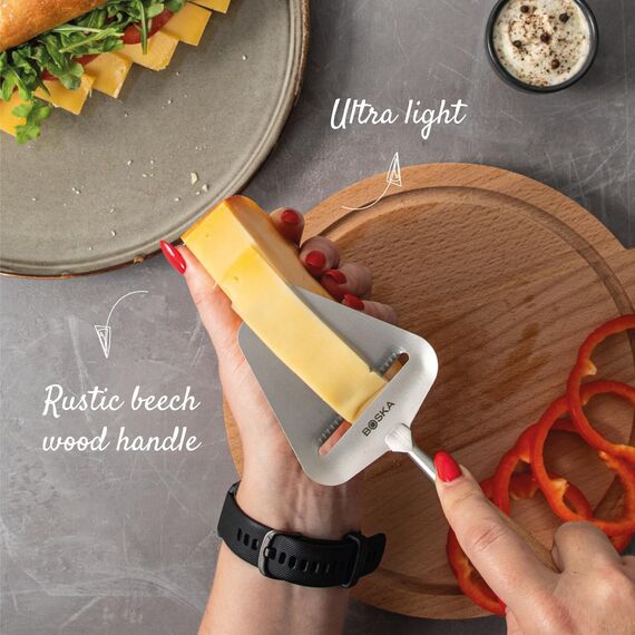 BOSKA Käsehobel Amigo - käseschneider für alle Käsesorten - Spülmaschinenfest - Multifunktional - Edelstahl und Buchenholz - Silber