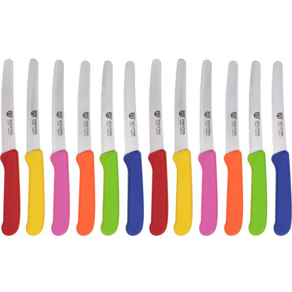 GRÄWE Tafelmesser 12 Stück, Messerset zum Schneiden, 12er Pack Brötchenmesser, Frühstücksmesser mit einseitigem Wellenschliff, Brotmesser, scharfe Messer für Brotzeit, 21 cm - Bunt
