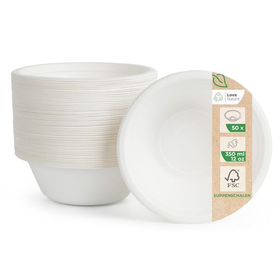 Love Nature Ökologische Einweg Suppenschalen aus Zuckerrohr Schnitzel - (350ml - 50 Stück) Suppenschüssel mit Langanhaltender Wärmespeicherung - Langlebige Suppenteller Einweg - Einwegschalen