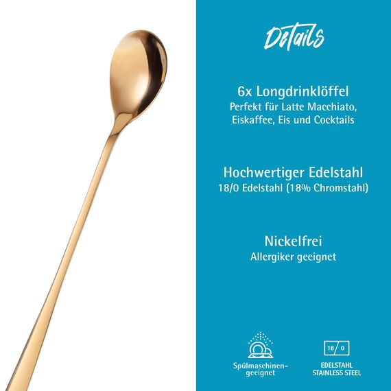 GRÄWE Eis- und Latte-Macchiato-Löffel aus Edelstahl, langer Löffel, ideal für Kaffee, Desserts und Eistee, spülmaschinenfest, goldfarben