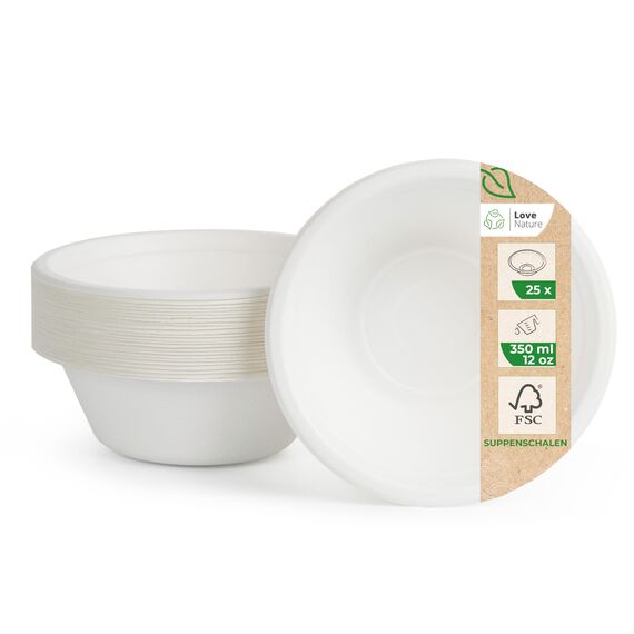Love Nature Ökologische Einweg Suppenschalen aus Zuckerrohr Schnitzel - (350ml - 25 Stück) Suppenschüssel mit langanhaltender Wärmespeicherung - Langlebige Suppenteller Einweg - Einwegschalen