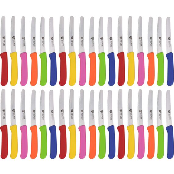 GRÄWE Tafelmesser 36 Stück, Messerset zum Schneiden, 36er Pack Brötchenmesser, Frühstücksmesser mit einseitigem Wellenschliff, Brotmesser, scharfe Messer für Brotzeit, 21 cm - Bunt