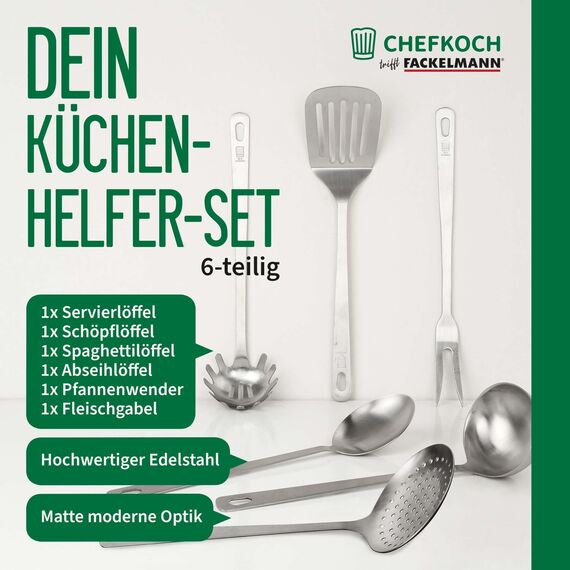 Chefkoch trifft Fackelmann 6er Küchenhelfer-Set Berlin – Set mit den wichtigsten Küchenutensilien – Servierlöffel, Schöpflöffel, Abseihlöffel, Pfannenwender, Spaghettilöffel, Fleischgabel