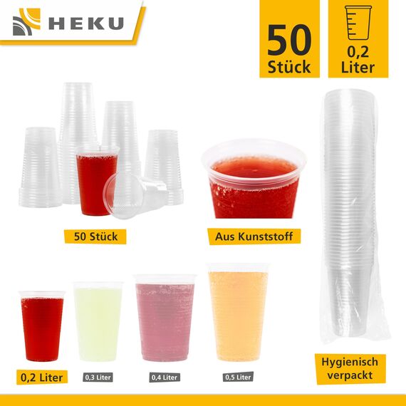 HEKU 50 transparente Einweg-Trinkbecher 0,2l | Aus Polypropylen | Ideal für Partys und Veranstaltungen