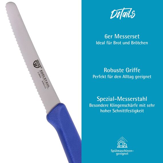 GRÄWE Tafelmesser 6 Stück, Messerset zum Schneiden, 6er Pack Brötchenmesser, Frühstücksmesser mit einseitigem Wellenschliff, Brotmesser, scharfe Messer für Brotzeit, 21 cm - Blau