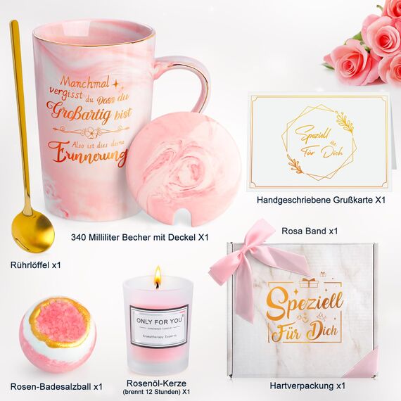 Geschenke für Frauen, Geburtstagsgeschenk für Frauen, Geschenk Tasse zum Muttertag, Weihnachten, Beste Freundin, 340ml Rosa Keramiktasse im Geschenkset